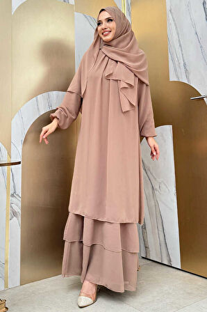 Kat Kat Görünüm Kol Manşetleri Lastikli Şifon Elbise 3060 Vizon