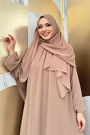 Kat Kat Görünüm Kol Manşetleri Lastikli Şifon Elbise 3060 Vizon