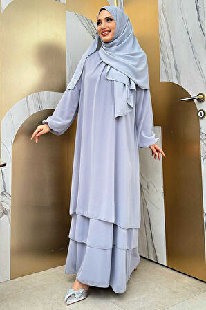 Kat Kat Görünüm Kol Manşetleri Lastikli Şifon Elbise 3060 Gri