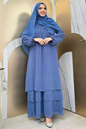 Kat Kat Görünüm Kol Manşetleri Lastikli Şifon Elbise 3060 İndigo