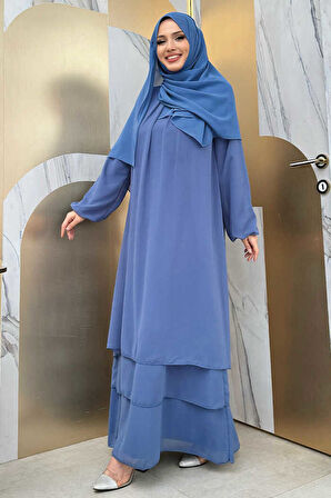 Kat Kat Görünüm Kol Manşetleri Lastikli Şifon Elbise 3060 İndigo