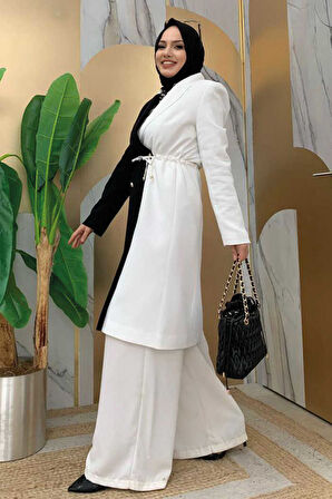 İki Renkli Düğmeli Bel Bağlamalı Yarım Boy Ceket 7803 Siyah