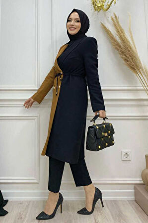 İki Renkli Düğmeli Bel Bağlamalı Yarım Boy Ceket 7803 Taba