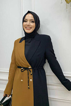 İki Renkli Düğmeli Bel Bağlamalı Yarım Boy Ceket 7803 Taba