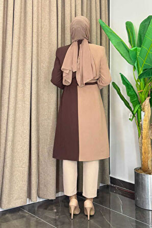 İki Renkli Düğmeli Bel Bağlamalı Yarım Boy Ceket 7803 Vizon