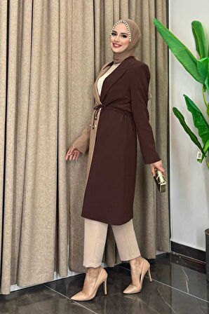 İki Renkli Düğmeli Bel Bağlamalı Yarım Boy Ceket 7803 Vizon