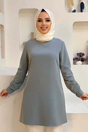Bym Fashion Kol Manşetleri Düğmeli Bisiklet Yaka Uzun Tunik 2649 Gri