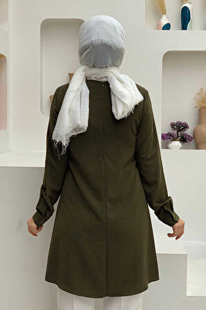 Kol Manşetleri Düğmeli Bisiklet Yaka Uzun Tunik 2649 Haki