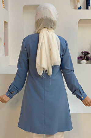 Kol Manşetleri Düğmeli Bisiklet Yaka Uzun Tunik 2649 İndigo