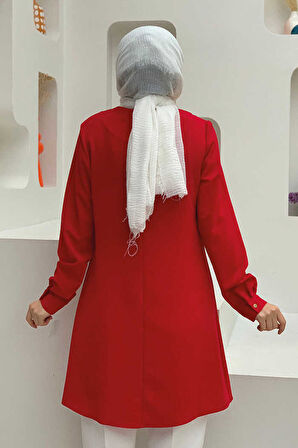 Bym Fashion Kol Manşetleri Düğmeli Bisiklet Yaka Uzun Tunik 2649 Kırmızı