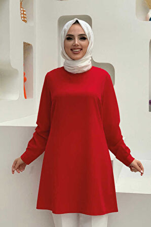 Bym Fashion Kol Manşetleri Düğmeli Bisiklet Yaka Uzun Tunik 2649 Kırmızı