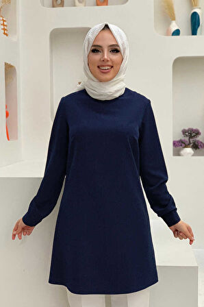 Kol Manşetleri Düğmeli Bisiklet Yaka Uzun Tunik 2649 Lacivert