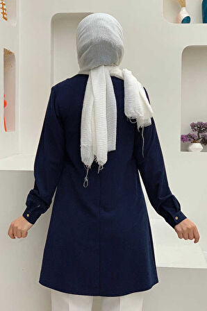 Kol Manşetleri Düğmeli Bisiklet Yaka Uzun Tunik 2649 Lacivert