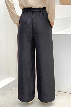 Bym Fashion Düğme Detaylı Bel Bağlamalı Cepli Bol Pantolon 0275 Siyah