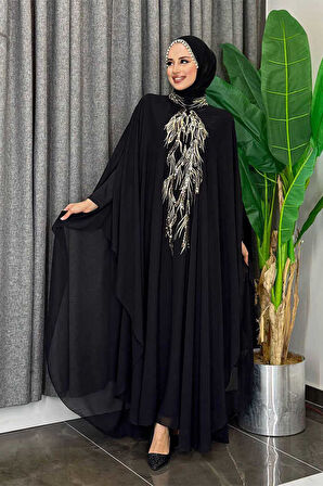 Pul Payet İşlemeli Şifon Pelerinli Elbiseli Abiye Takım 3774 Siyah