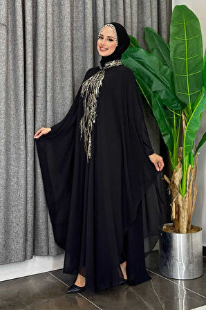 Pul Payet İşlemeli Şifon Pelerinli Elbiseli Abiye Takım 3774 Siyah