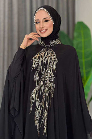 Pul Payet İşlemeli Şifon Pelerinli Elbiseli Abiye Takım 3774 Siyah