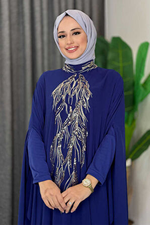 Pul Payet İşlemeli Şifon Pelerinli Elbiseli Abiye Takım 3774 Lacivert