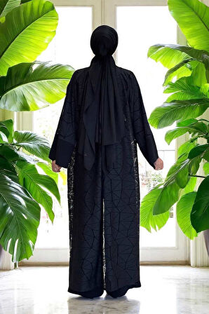 Dantel Abaya Bel Kuşaklı Cep Detaylı Tulum Takım 3782 Siyah