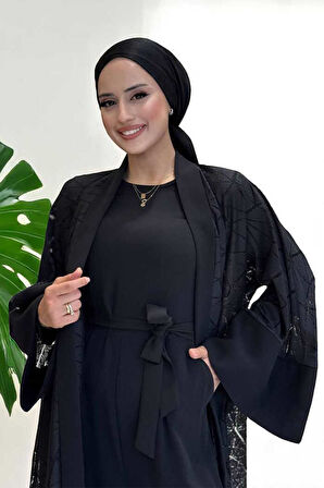 Dantel Abaya Bel Kuşaklı Cep Detaylı Tulum Takım 3782 Siyah