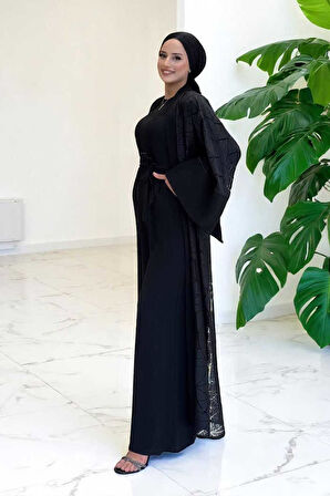 Dantel Abaya Bel Kuşaklı Cep Detaylı Tulum Takım 3782 Siyah