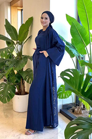 Dantel Abaya Bel Kuşaklı Cep Detaylı Tulum Takım 3782 Lacivert