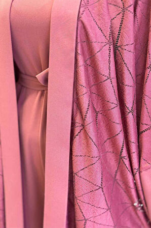 Dantel Abaya Bel Kuşaklı Cep Detaylı Tulum Takım 3782 Gül Kurusu