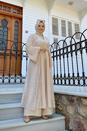 Dantel Abaya Bel Kuşaklı Cep Detaylı Tulum Takım 3782 Taş