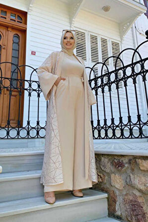 Dantel Abaya Bel Kuşaklı Cep Detaylı Tulum Takım 3782 Taş