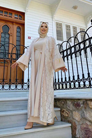 Dantel Abaya Bel Kuşaklı Cep Detaylı Tulum Takım 3782 Taş