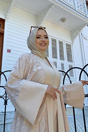 Dantel Abaya Bel Kuşaklı Cep Detaylı Tulum Takım 3782 Taş