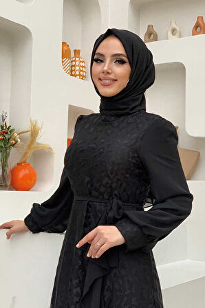 Dantel Görünümlü Şifon Fırfır Detay Elbise 3783 Siyah