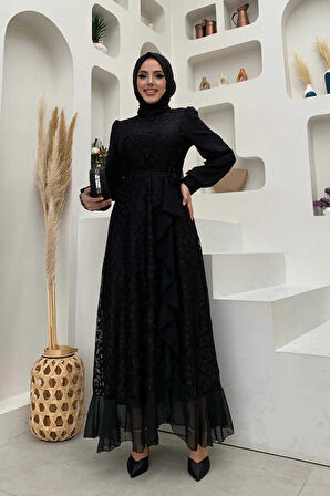 Dantel Görünümlü Şifon Fırfır Detay Elbise 3783 Siyah