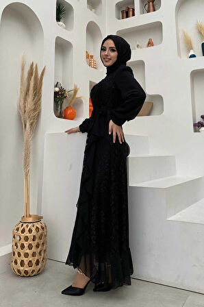 Dantel Görünümlü Şifon Fırfır Detay Elbise 3783 Siyah