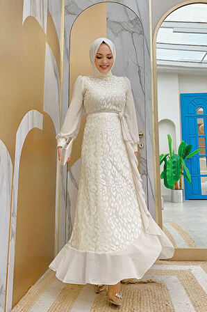 Dantel Görünümlü Şifon Fırfır Detay Elbise 3783 Taş