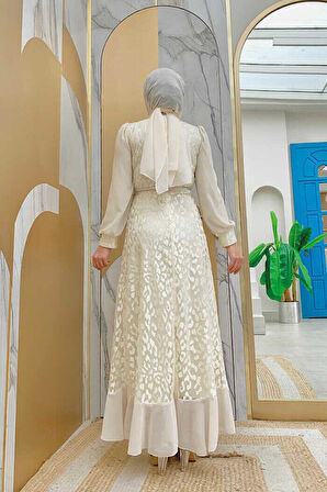 Dantel Görünümlü Şifon Fırfır Detay Elbise 3783 Taş