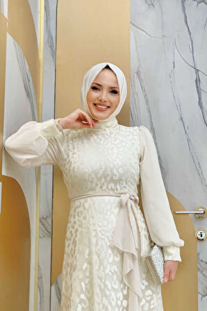 Dantel Görünümlü Şifon Fırfır Detay Elbise 3783 Taş