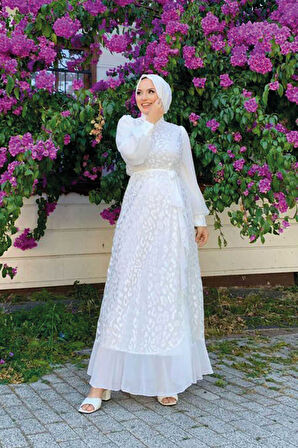 Dantel Görünümlü Şifon Fırfır Detay Elbise 3783 Ekru