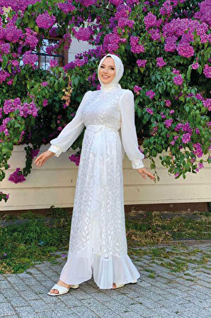 Dantel Görünümlü Şifon Fırfır Detay Elbise 3783 Ekru