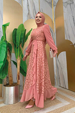 Dantel Görünümlü Şifon Fırfır Detay Elbise 3783 Pudra