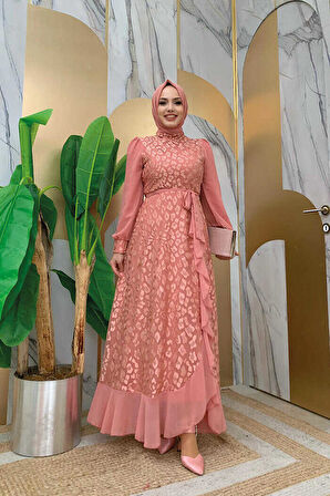 Dantel Görünümlü Şifon Fırfır Detay Elbise 3783 Pudra