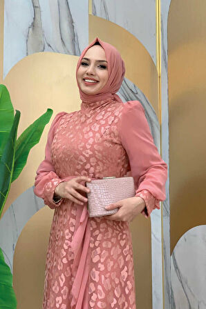 Dantel Görünümlü Şifon Fırfır Detay Elbise 3783 Pudra