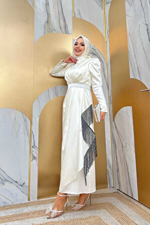 Bym Fashion Etek Püskül Detay Kemer Aksesuarlı Saten Abiye Elbise 3763 Ekru