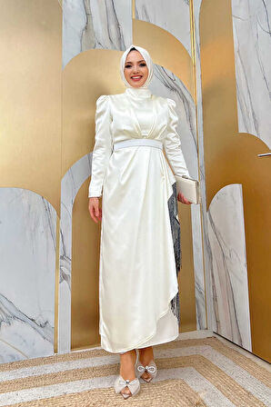 Bym Fashion Etek Püskül Detay Kemer Aksesuarlı Saten Abiye Elbise 3763 Ekru
