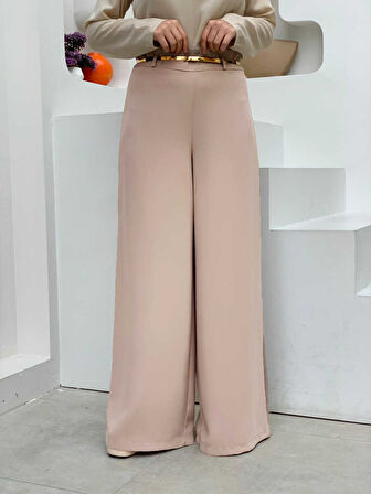 Büyük Beden Fermuarlı Kemer Aksesuarlı Pantolon Etek 0125-1 Krem