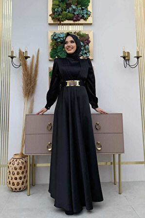Göğüs Kısmı Kat Şerit Detay Bel Kemer Aksesuarlı Abiye Elbise 3792 Siyah