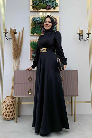 Göğüs Kısmı Kat Şerit Detay Bel Kemer Aksesuarlı Abiye Elbise 3792 Siyah