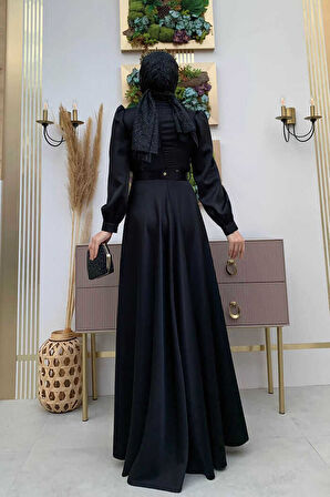 Göğüs Kısmı Kat Şerit Detay Bel Kemer Aksesuarlı Abiye Elbise 3792 Siyah
