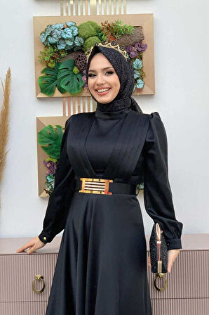 Göğüs Kısmı Kat Şerit Detay Bel Kemer Aksesuarlı Abiye Elbise 3792 Siyah