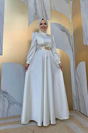 Göğüs Kısmı Kat Şerit Detay Bel Kemer Aksesuarlı Abiye Elbise 3792 Ekru